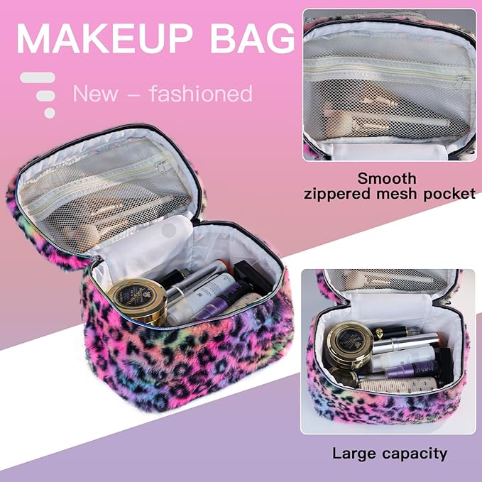 imerelez Plush Makeup Bag for Women, Leopard Print Faux Fur Travel Cosmetic Organizer, 10.2 x 7 x 7 in Soft Fluffy Toiletry Bag for Makeup, Skincare and Beauty Essentials (Rainbow Leopard)