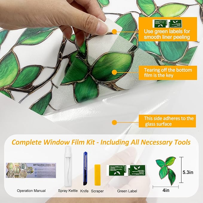 QHYsunshine Window Privacy Film Stained Glass Window Film Frosted Window Film Window clings Non-Adhesive Reusable Decorative for Home Removable (Green Frosted, 23.6 X 78.7 in)