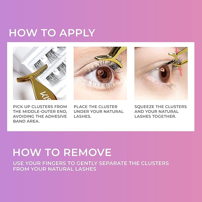 Kiss Impress Falsies Self Adhesive Eyelashes, Press On Lashes, 12mm-14mm Glam Volume Lashes, Black, No Glue Needed, Invisible Band, 36 Lash Clusters & Non-Stick Applicator - Voluminous