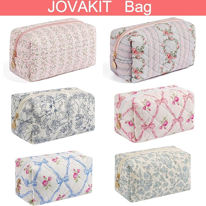 JOVAKIT Square Makeup Bag Cute Cosmetic Bag for Women, Floral Coquette Aesthetic Toiletry Bag, Zipper Make Up Pouch, Travel Make Up Organizer Bag (Pink Bowknot)