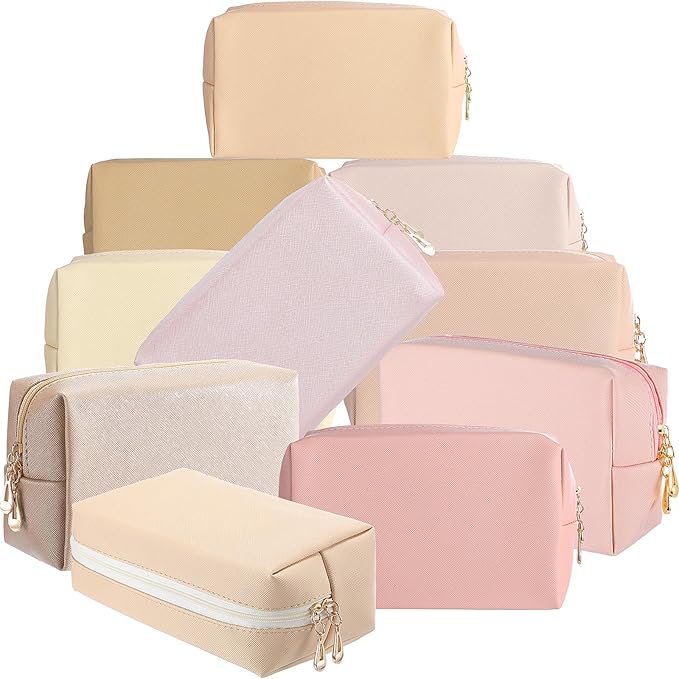 Sanwuta 9 Pcs Makeup Bags Bulk Bridesmaid Proposal Gifts Cosmetic Bags Preppy PU Leather Double Zipper Toiletry Pouch Portable Travel Organizer Case for Women Bachelorette Gift(Pink Brown Series)