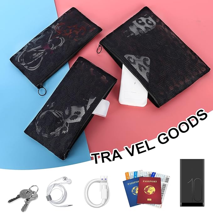 Sinzip 12 Pieces Zipper Nylon Mesh Pouch, Mesh Cosmetic Bags Makeup Bags Pencil Case, Multipurpose Travel Bags for Cosmetic School Office Supplies and Travel Accessories (Black Lace, Assorted Sizes)