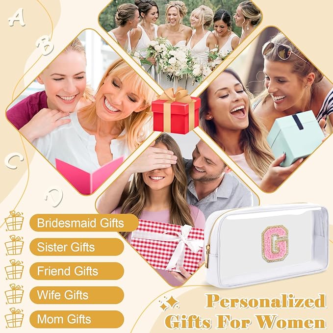 Personalized Initial Letter Clear Preppy Cosmetic Bag, Travel Toiletry Bag, Clear Nylon & PVC, Adult Female Women's Cosmetic Case