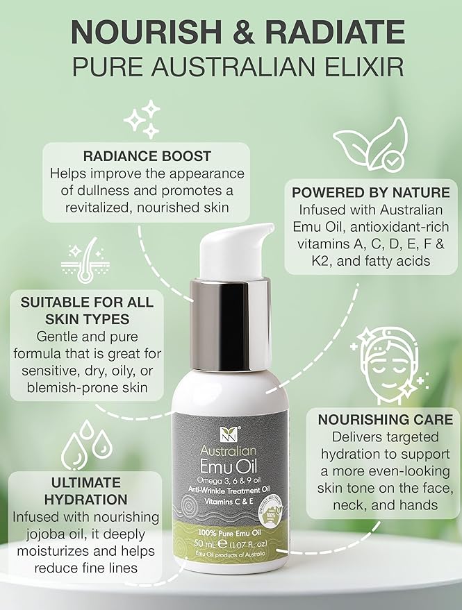 Y Not Natural Australian Emu Oil with Vitamin E & C - 50mL Skin Brightener Serum for Face & Body to Reduce Visible Signs of Aging, Spots & Sun Damage - Antioxidant w/Omega 3 6 9 & Essential Oils