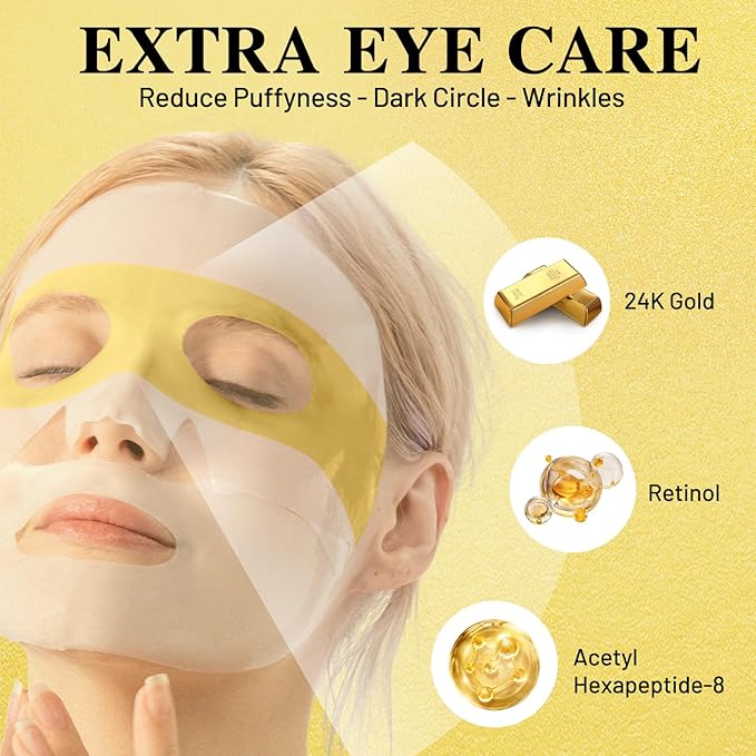 ICIKOL Collagen Face Mask with 24K Gold & Snail Mucin, Extra Eye Care Hydrogel Mask for Age-Defying & Skin Glowing, Overnight Elasticity Repair, 37g x 4 Sheets