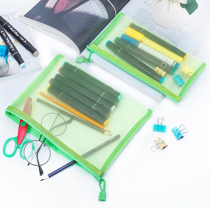 Sinzip 12 Pieces Zipper Nylon Mesh Pouch, Mesh Cosmetic Bags Makeup Bags Pencil Case, Multipurpose Travel Bags for Cosmetic School Office Supplies and Travel Accessories (Green, A5+B6)
