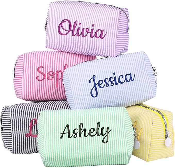 Ajiangwu Personalized Makeup Bag with Embroidered Name&Birth Flower for Bridesmaid Gifts,Custom Small Travel Cosmetic Bag Toiletry Bag Wedding Gifts for Bride
