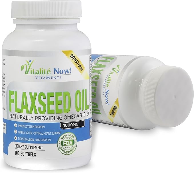 Vitalité Now! Organic Flaxseed Oil Softgels - 1000mg Premium, Virgin Cold Pressed from Flax Seeds - Hair Skin & Nails Support - Omega 3-6-9 Supplement - 100 Count - More Than 3 Month Supply!