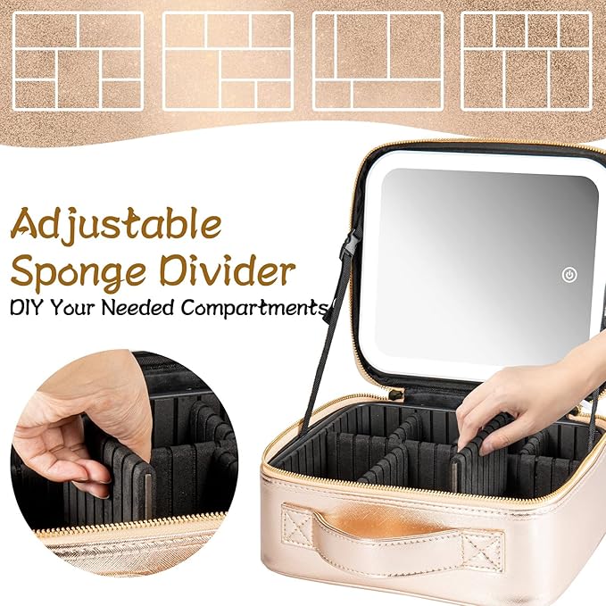 Extrei Gent Makeup Travel Train Case with Mirror LED Light 3 Adjustable Brightness Large Cosmetic Bag Portable Storage Adjustable Partition Waterproof Make up Brushes Makeup Jewelry Gift for Women
