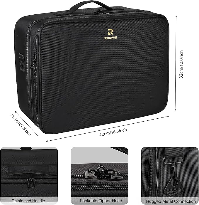 Relavel Extra Large Makeup Case, Professional Makeup Artist Bag Double Layer Compartment Cosmetic Travel Organizer Bag Makeup Brush Storage Holder with Adjustable Dividers and Shoulder Strap, Black
