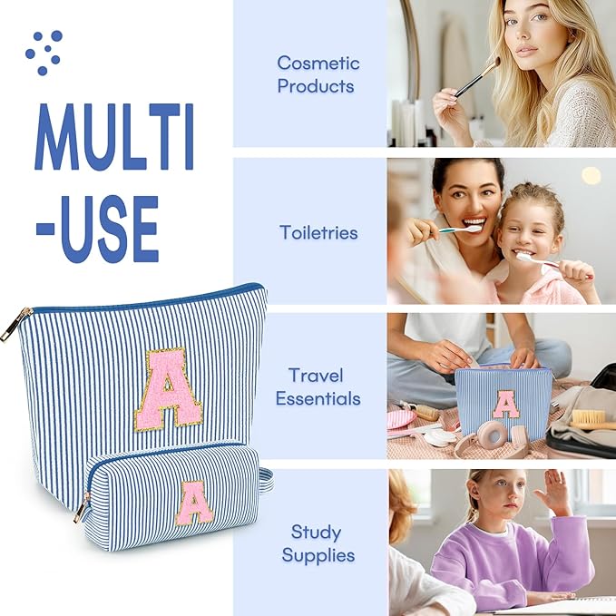 mibasies 2 PCS Initial Makeup Bags for Women: - Birthday Gifts for Teen Girls 11 12 13 14 15 16 Years Old - Preppy Trendy Stuff - Cosmetic Bag for Travel Toiletry - Blue A
