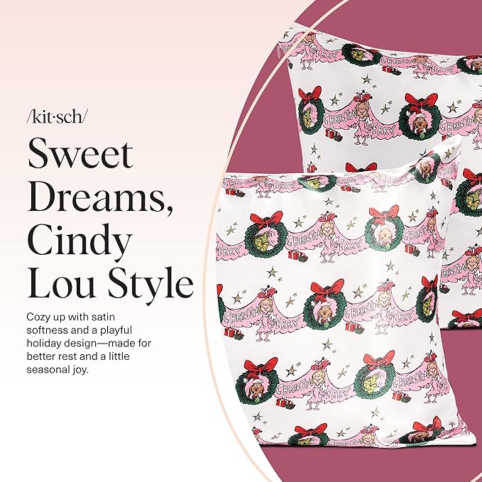 The Grinch x Kitsch Satin Pillowcase W/Zipper - Size 19x26, Cindy Lou