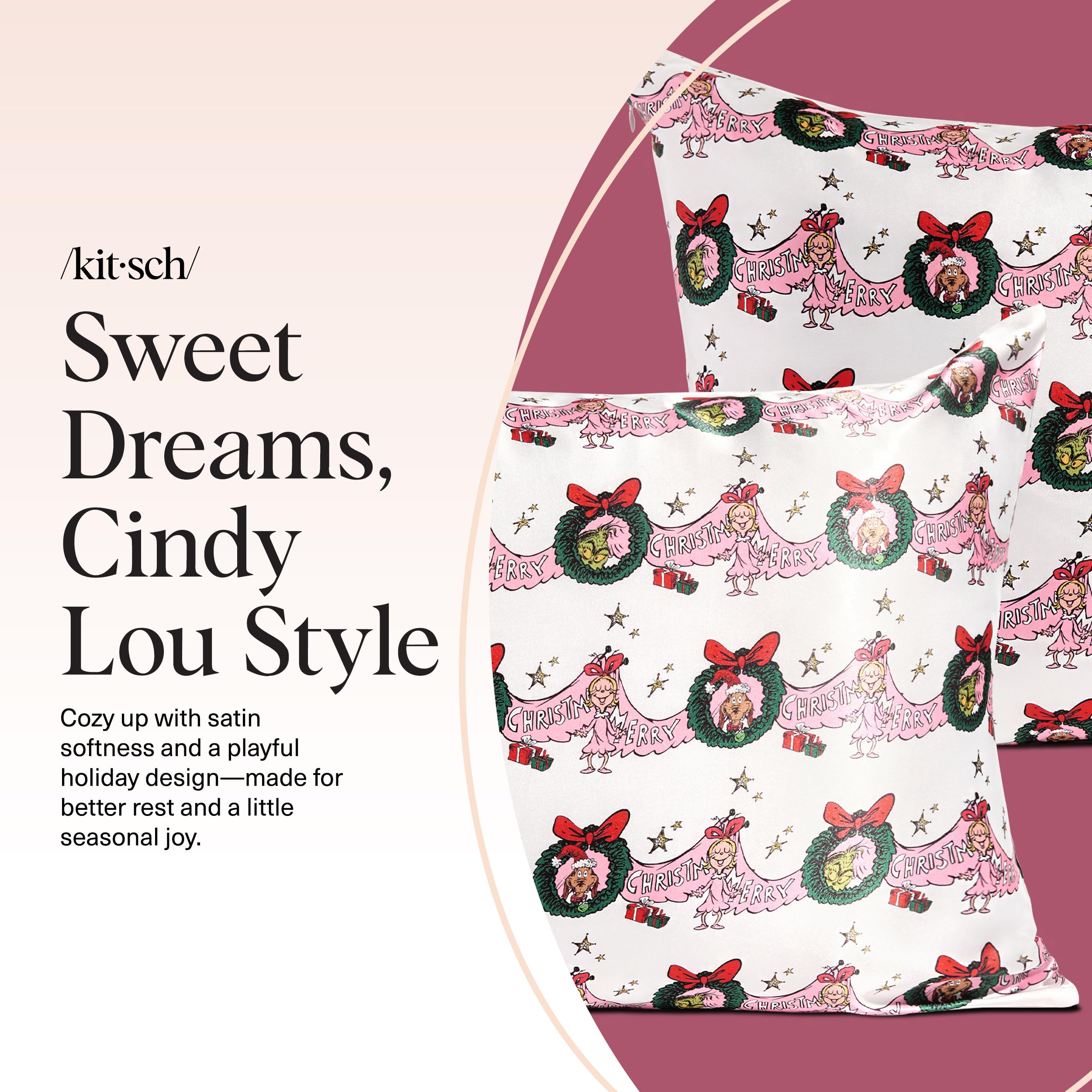 The Grinch x Kitsch Satin Pillowcase W/Zipper - Size 19x26, Cindy Lou