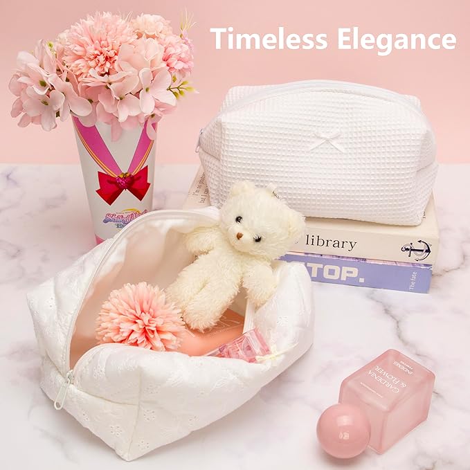 PAZIMIIK Cozy Makeup Bag for Women,Zipper Cosmetic Pouch,Embroidery White