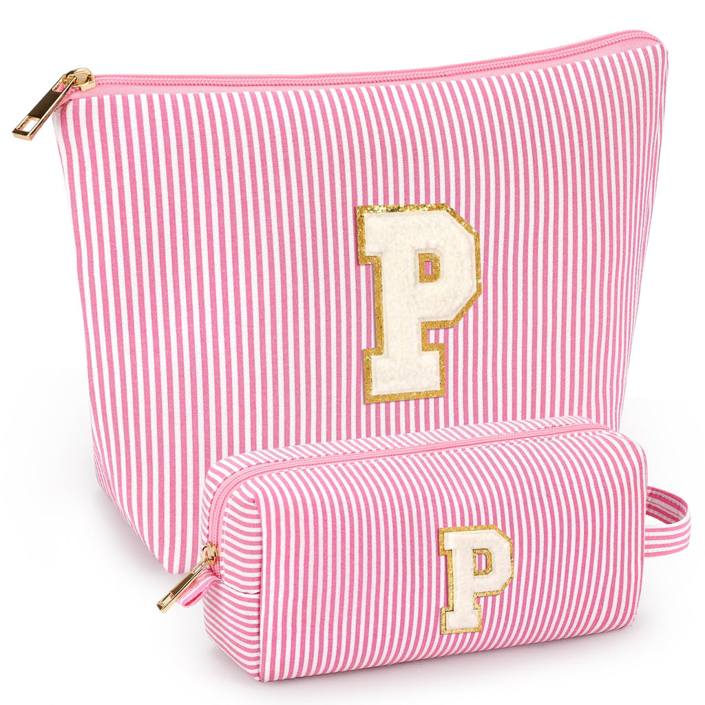 2 PCS Initial Makeup Bags for Women: Cosmetic Bag for Travel Toiletry - Birthday Gifts for 11 12 13 14 15 16 17 18 Years Old Girl Graduation Teacher Gift- Teen Girl Gifts Trendy Stuff - Pink P