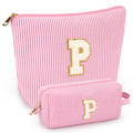 2 PCS Initial Makeup Bags for Women: Cosmetic Bag for Travel Toiletry - Birthday Gifts for 11 12 13 14 15 16 17 18 Years Old Girl Graduation Teacher Gift- Teen Girl Gifts Trendy Stuff - Pink P