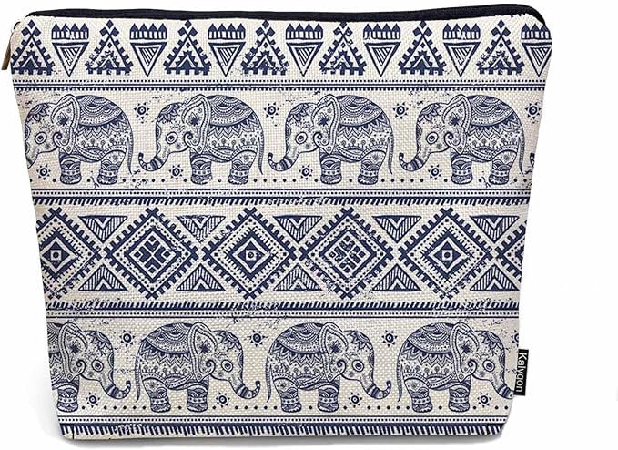 Kalygon Elephant Cosmetic Bags For Women, Ethnic Geometric Elephant Roomy Makeup Bag Toiletry Bag Accessories Organizer Storage Bags Makeup Pouch For Travel Business Gym Camping Bathroom, Blue