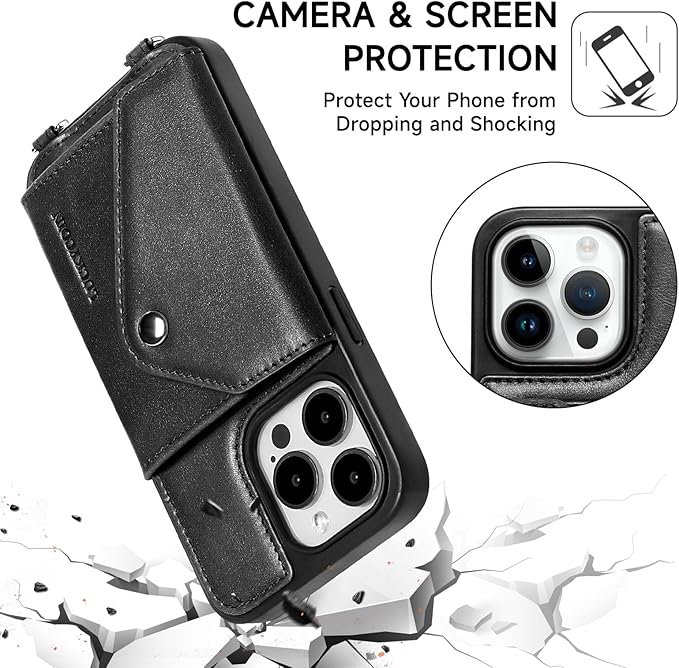 LUCKYCOIN Crossbody Phone Case for iPhone 14 Pro,100% Genuine Leather Phone Wallet Case for Women, Premium Hands-Free Phone Purse with Expandable Flip Card Holder & Adjustable Strap - Retro Black