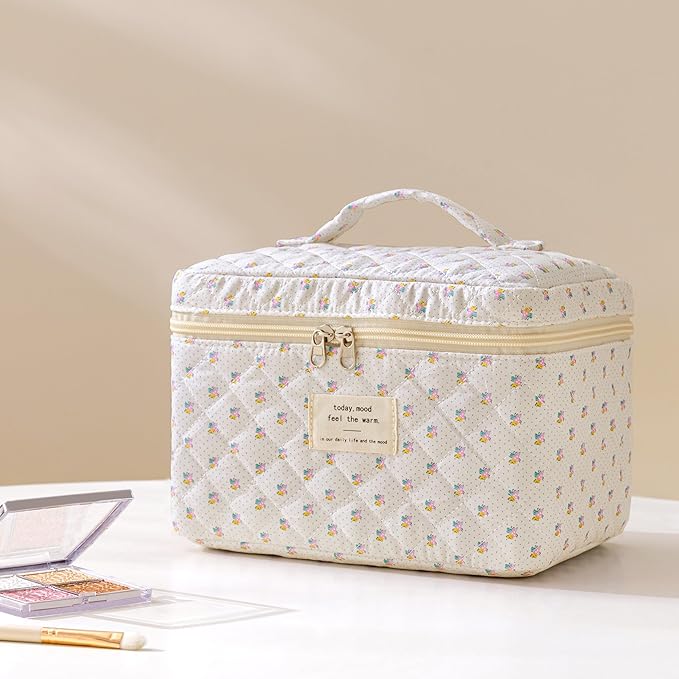 HBselect Quilted Makeup Bag, 3Pcs Cotton Large Travel Makeup Bags Organizer