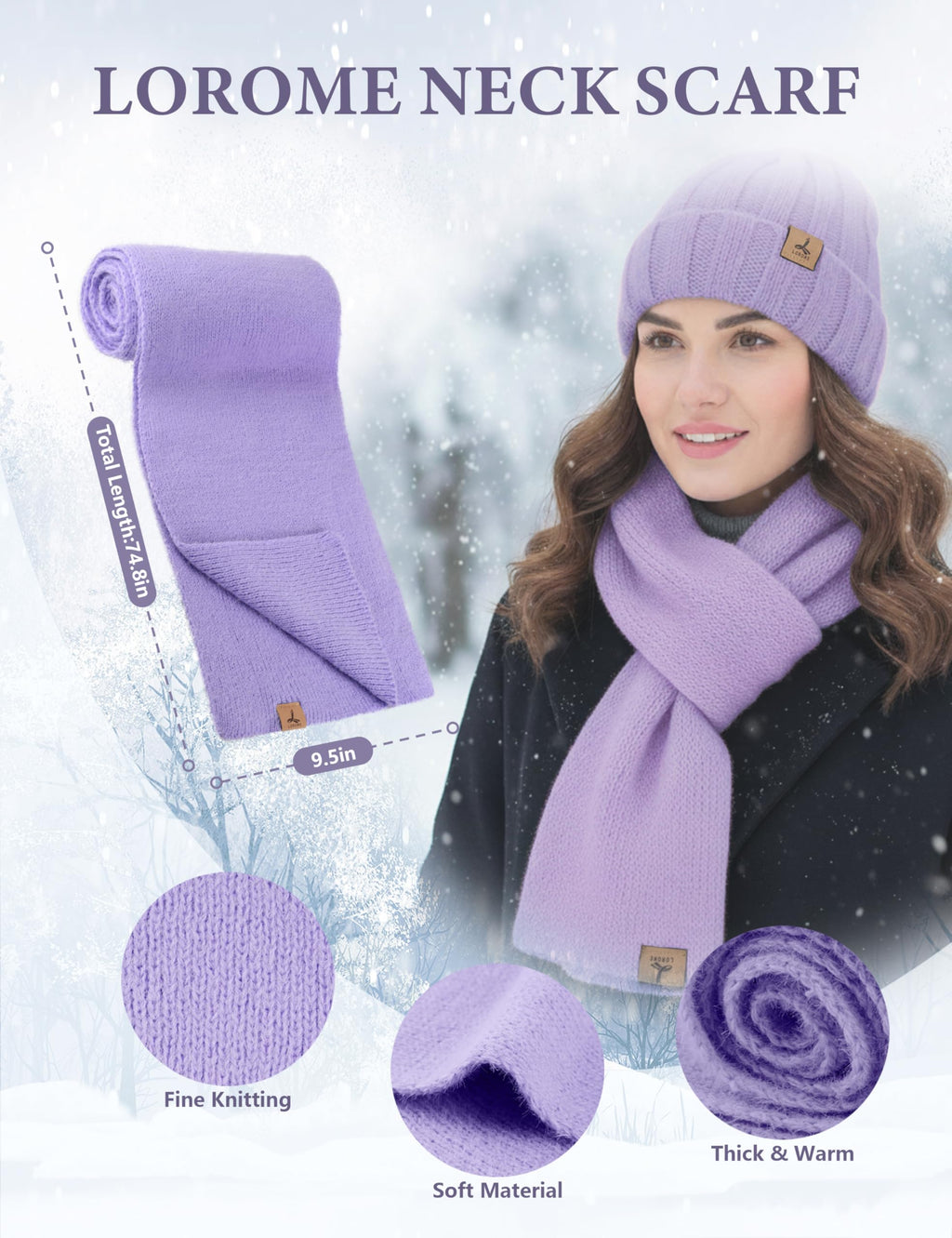 LOROME Winter Beanie Hat Gloves Scarf, Cashmere Hat Gloves Scarf Set Women