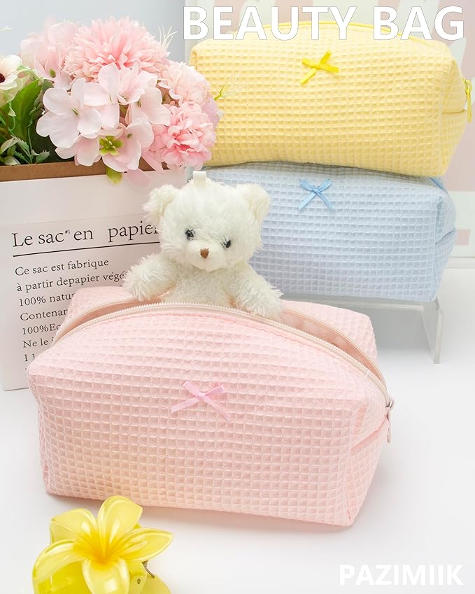 PAZIMIIK Cozy Makeup Bag for Women,Zipper Cosmetic Pouch,Waffle Pink