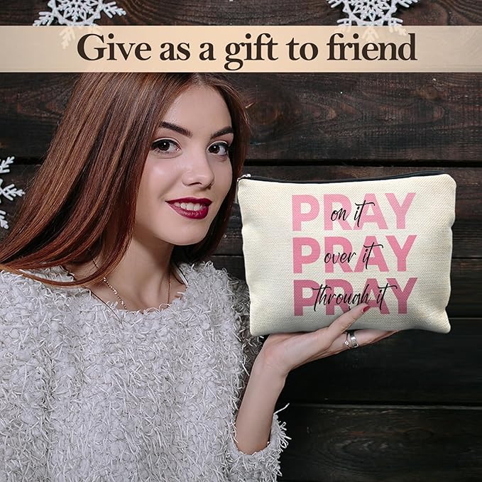 Likjad Pink Christian Makeup Bag, Pray On It Pray Over It Bible Verse Cosmetic Bags for Women, Trendy Girly Christian Makeup Pouch, Religious Gifts Zipper Pouch