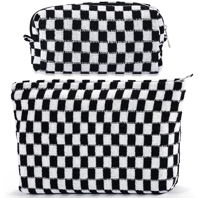 ZLFSRQ 2Pcs Checkered Makeup Bag for Women Large Small Travel Toiletry Bag Organizer Aesthetic Black Zipper Cosmetic Bags Cute Makeup Pouch for Purse Pencil Case Pencil Pouch Skincare Storage Bags