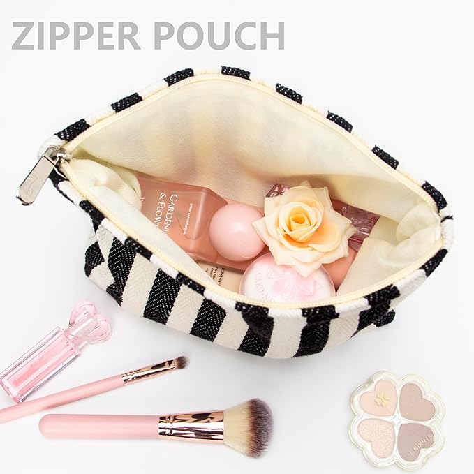 Flat Makeup Bag for Women,Zipper Cosmetic Pouch Purse,Stripe Black White
