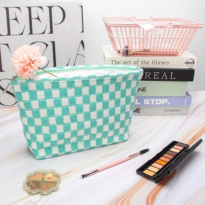 Checkered Makeup Bag for Purse, Small Flat Cosmetic Pouch,Arctic Blue