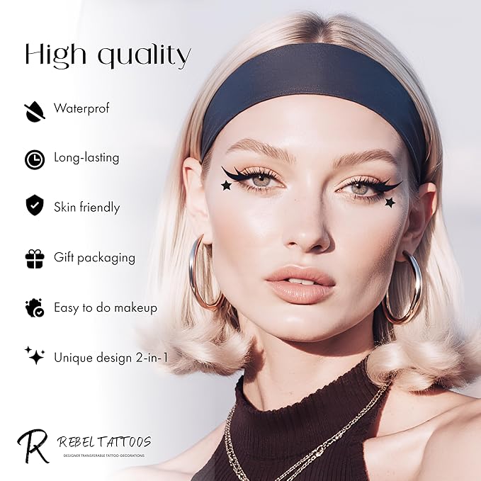Rebel Tattoos 2-in-1 Eyeliner Stamp, Pigmented Intense Black Formula, Smudge-Budge Proof, Sweatproof, 24 Hour Stay Eyeliner Stamp Star Butterfly or Heart (Black Star)