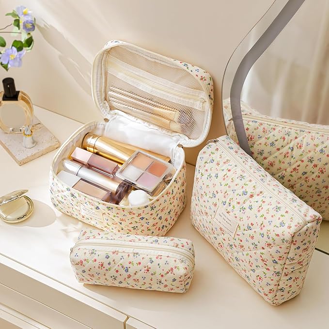 HBselect Quilted Makeup Bag, 3Pcs Cotton Large Travel Makeup Bags Organizer