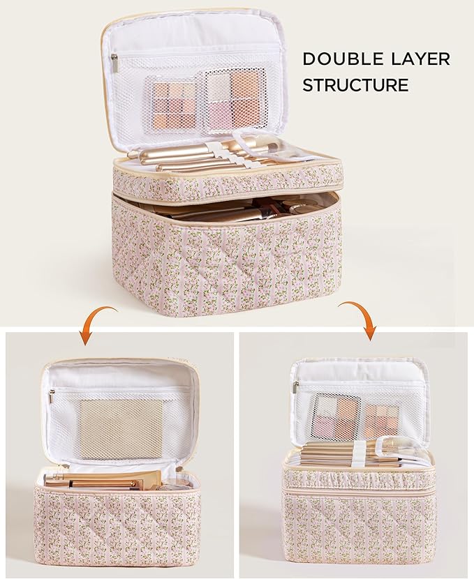 HBselect 2Pcs Travel Makeup Bag Large Quilted Cosmetic Bag Make up Bag