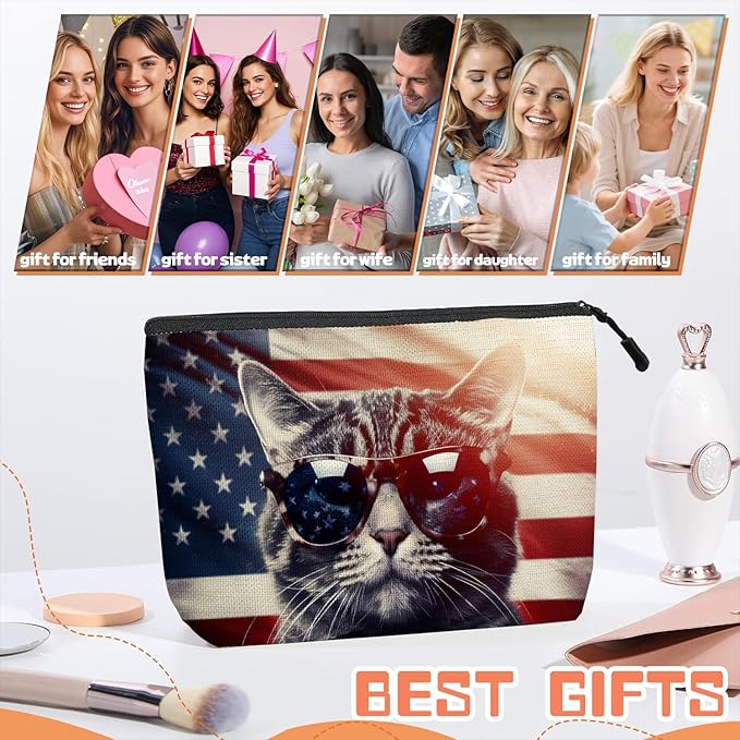 Scribesense Cosmetic Bags Travel Makeup Toilet Case Waterproof Pouch for Women Girls 6.7X9.45inches - Cat Wearing Sunglasses With Flag Reflections in The Lenses