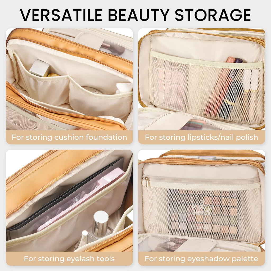 HauteHues Travel Makeup Bag Women's Large Capacity Cosmetic Portable Organizer Large Opening Waterproof Storage Toiletry Bags Vertical Free-Standing Brush Holder for Easy Access Orange