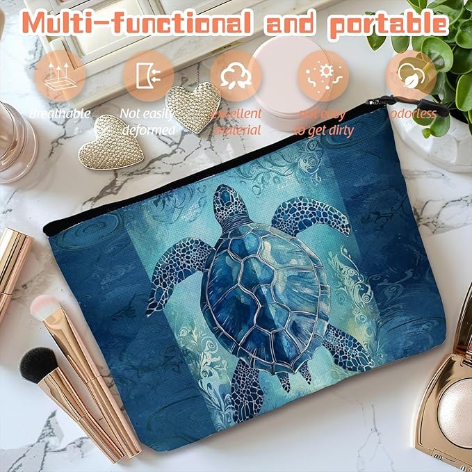 Scribesense Cosmetic Bags Travel Makeup Toilet Case Waterproof Pouch for Women Girls 6.7X9.45inches - Blue Sea Turtle With Ornamental Patterns