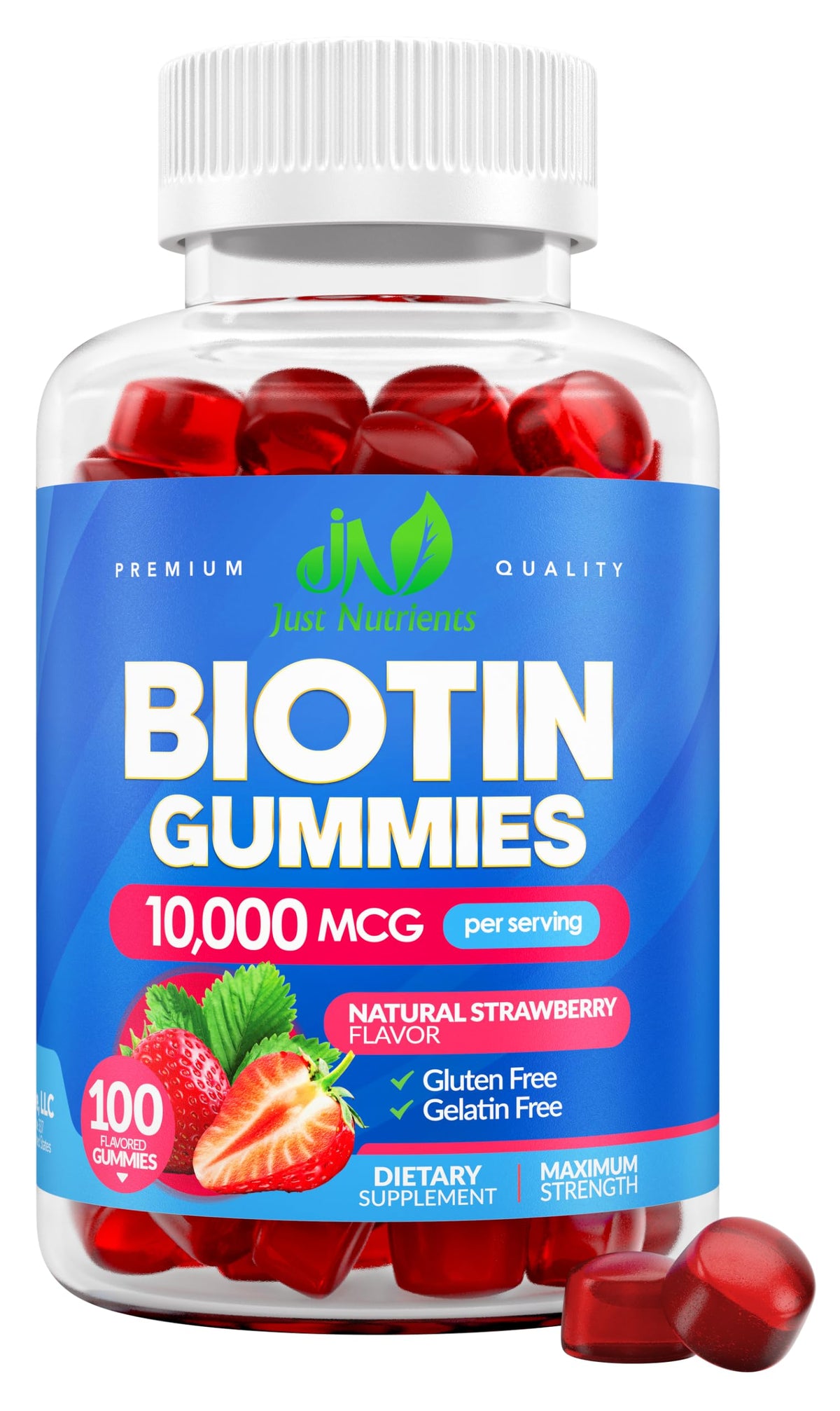 Biotin 10,000mcg Gummies for Hair Growth, Skin & Nails - 2x Maximum Strength Biotin Vitamins for Women & Men - Gluten-Free, Vegan, Non-GMO, Great Tasting Strawberry Flavor - 60 Gummies (1 Month)
