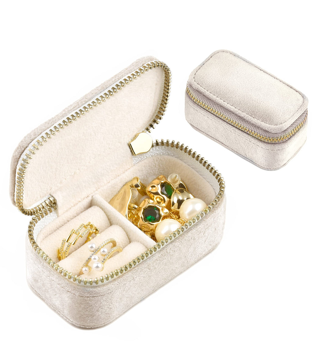 TAIMY Mini Jewelry Travel Case, Velvet Small Travel Jewelry Box, Portable Jewelry Travel Organizer Box for Rings Earrings Necklaces, Gifts for Women Girls(Beige)