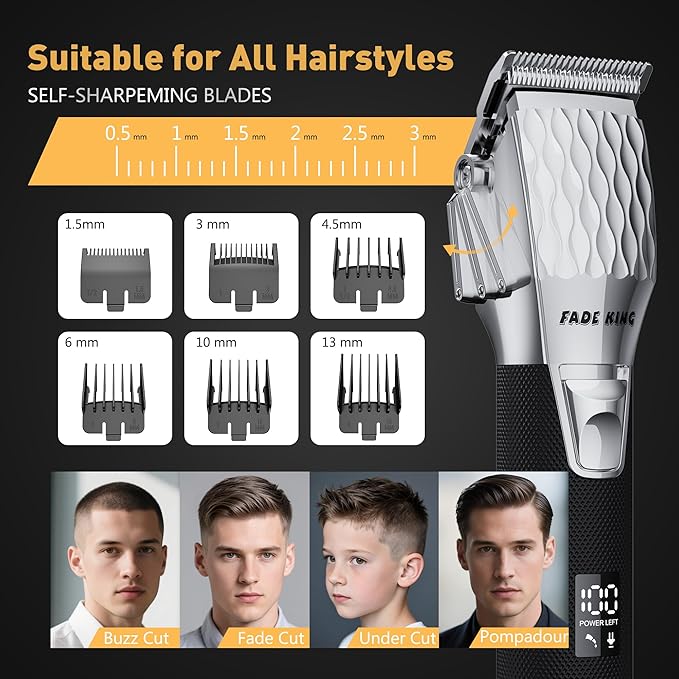 FADEKING® Professional Hair Clipper and Beard Trimmer Kit for Men, Cordless Hair Cutting & Grooming Set with Zero Gap T-Blade Trimmer, Barber Hair Trimmer for Home Use, Mens Grooming Gift for Men