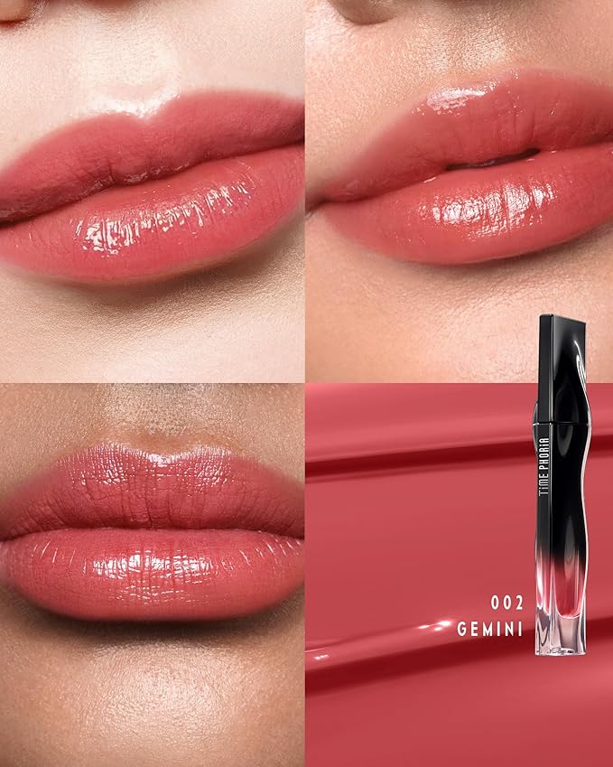 TIMEPHORIA Stellar Dust Lip Stain 002 Gemini, Transfer-Proof Smudgeproof Lip Gloss, Light Coral Pink Tinted Glossy Finish, High-Pigment Vibrant, Hydrating Lightweight Long-Lasting Lip Makeup for Women