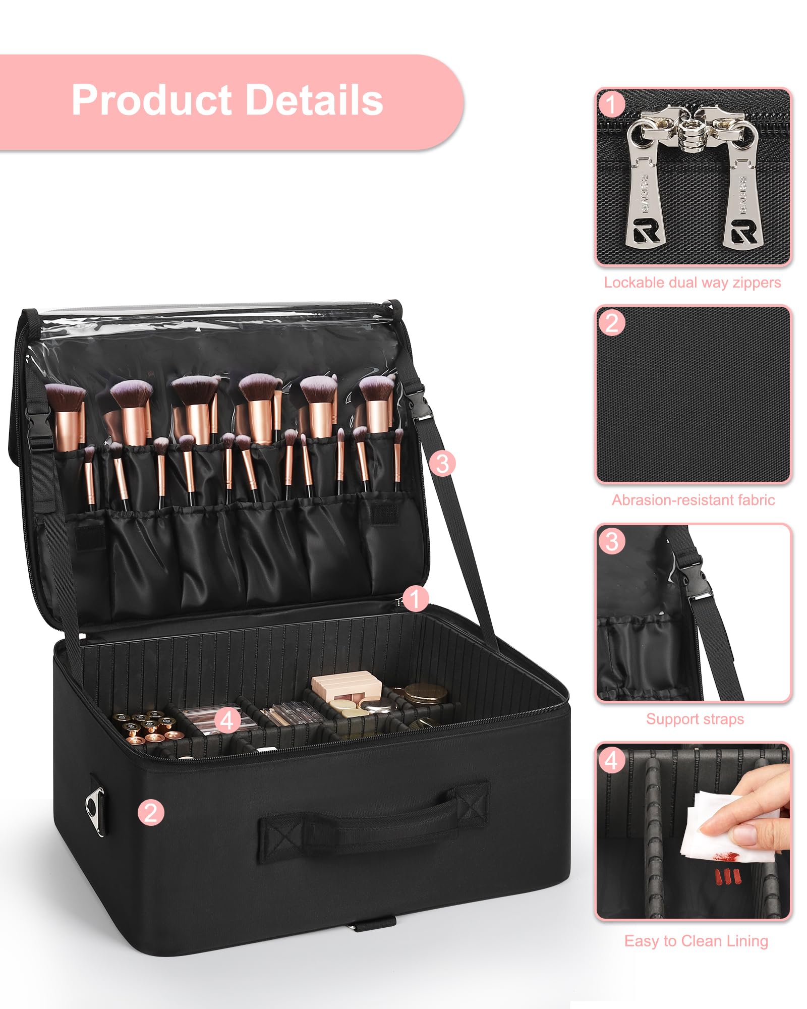 Relavel Extra Large Makeup Case Professional Cosmetic Storage Organizer Box Brush Holder with 8 Clear Set Bags & Lipstick Plate for Makeup Artists with Shoulder Strap & Adjustable Dividers