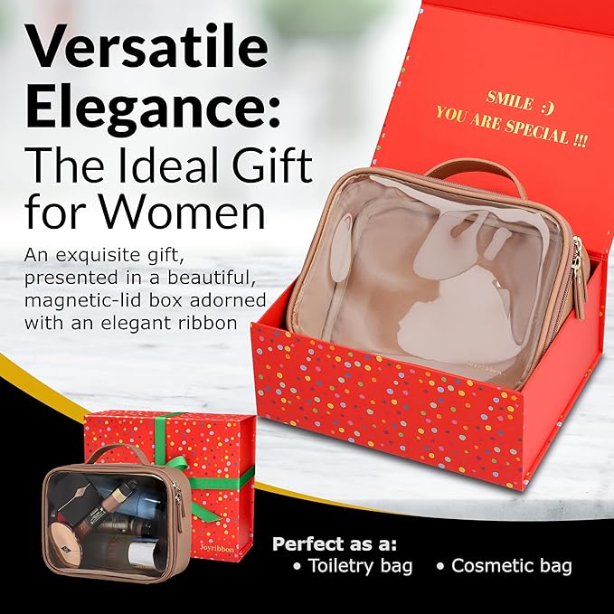 Clear Makeup Bag Set, Travel Cosmetic Bags with Transparent TPU Front, 3PCS (Large & Small Pouches + Compact Mirror), Saffiano PU Leather Toiletry Organizer for Women, Nude