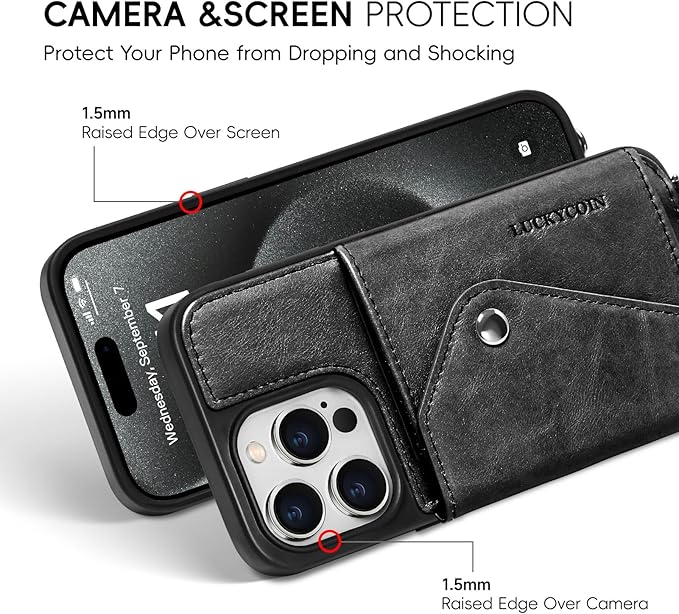 LUCKYCOIN Crossbody Phone Case for iPhone 15 Pro,100% Genuine Leather Phone Wallet Case for Women, Premium Hands-Free Phone Purse with Expandable Flip Card Holder & Adjustable Strap - Retro Black