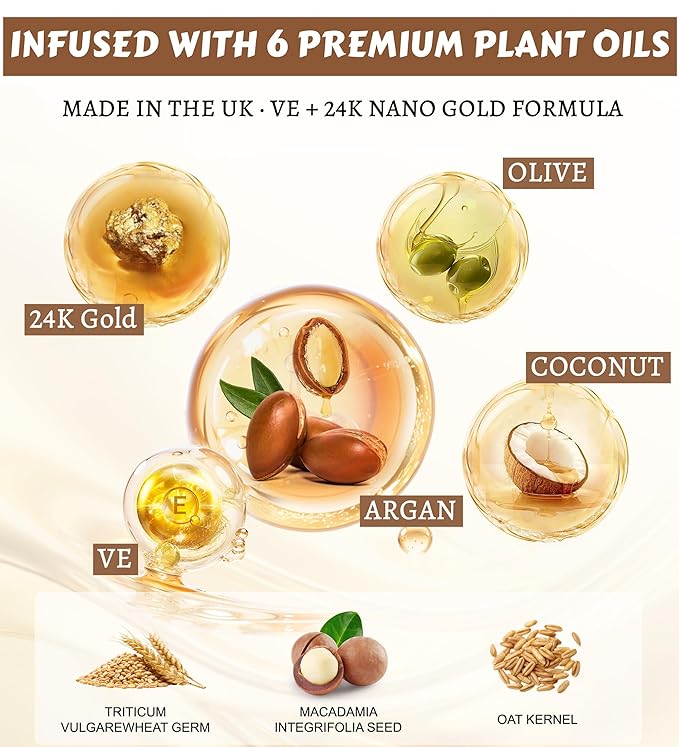 Oumigiz 24K Gold Hair Oil Repair & Shine Serum with Coconut, Argan & Olive Oils – Vegan Heat Protectant, Frizz Control for Dry, Damaged Hair (2.02 Fl Oz (Pack of 1))