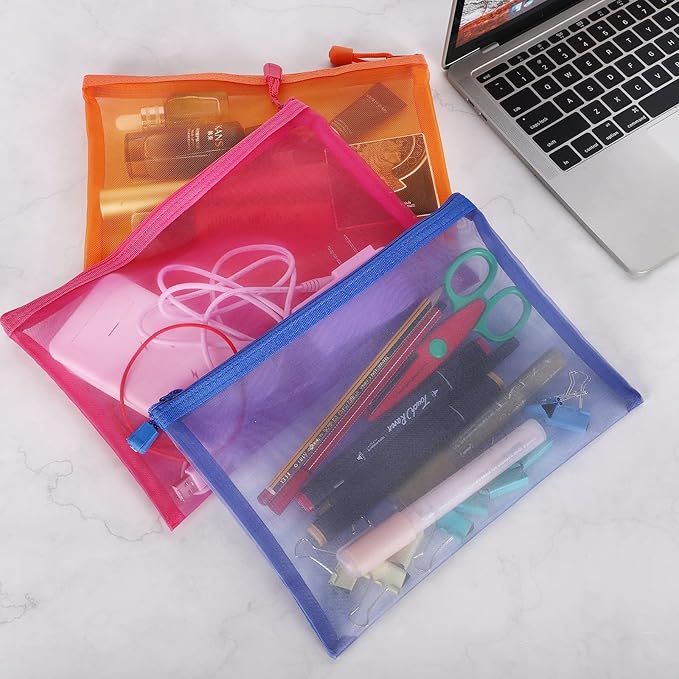 Sinzip 12 Pieces Zipper Nylon Mesh Pouch, Mesh Cosmetic Bags Makeup Bags Pencil Case, Multipurpose Travel Bags for Cosmetic School Office Supplies and Travel Accessories (Multicolored 01, A5)