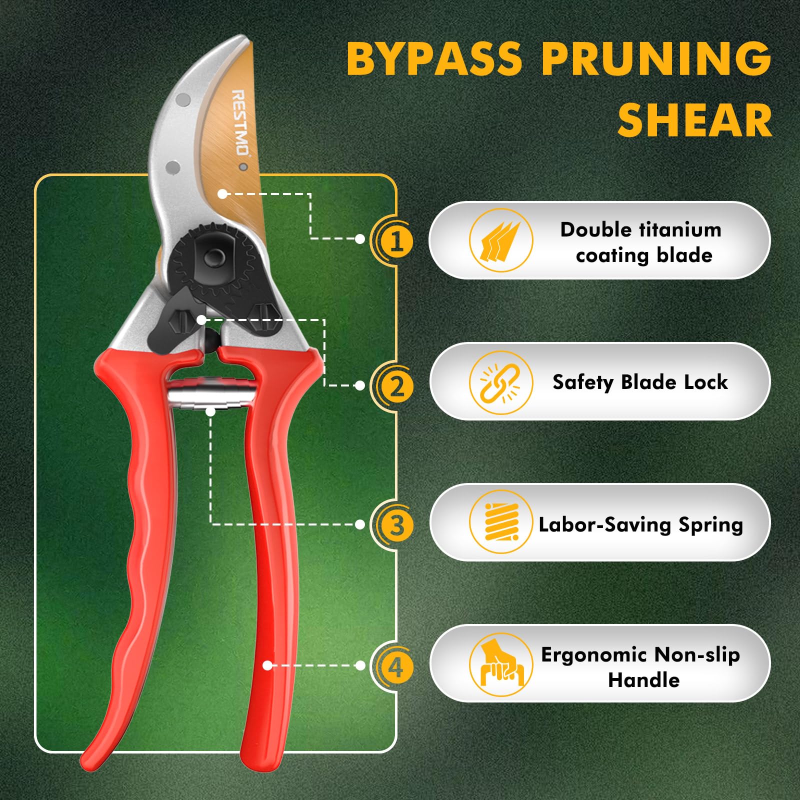 RESTMO Pruning Shears, 8.6 Inch, Titanium Blade, Bypass, Red