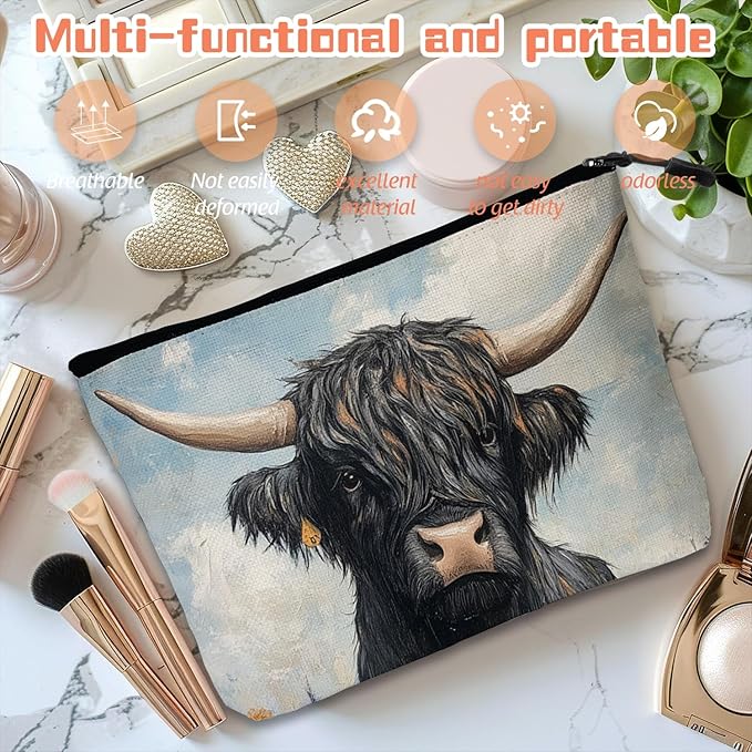 Scribesense Cosmetic Bags Travel Makeup Toilet Case Waterproof Pouch for Women Girls 6.7X9.45inches - Black Yak With Large Horns in A Flower - Filled Meadow