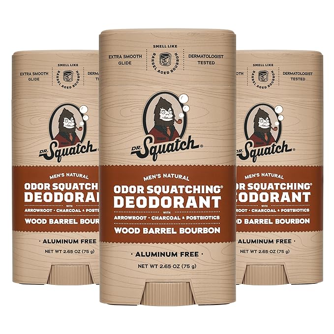 Dr. Squatch Natural Men’s Deodorant – Aluminum Free Natural Deodorant Men with Charcoal & Postbiotics for 72-Hour Odor Protection – Wood Barrel Bourbon, 2.65oz Stick (3-Pack)