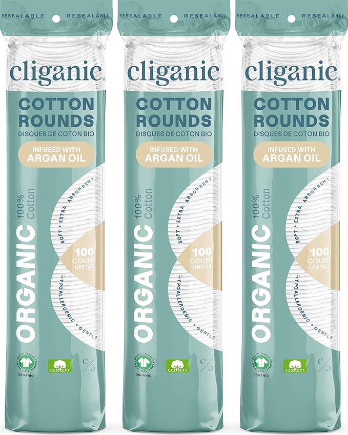 Cliganic Organic Cotton Rounds - Jojoba Oil Infused (300 Count) - Makeup Remover Pads, Hypoallergenic, Lint-Free | 100% Pure Cotton