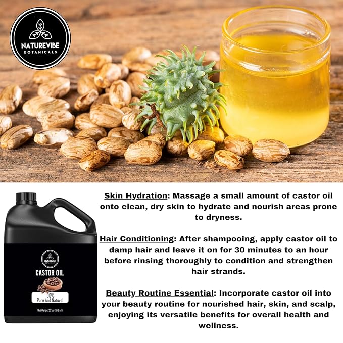 Naturevibe Botanicals Castor Oil 32 oz 100% Pure Cold-Pressed & Hexane-Free | Natural Hair, Skin & Lash Oil | Vegan, Non-GMO | Great for Hair Growth, Brows, Eyelashes & Skin Care