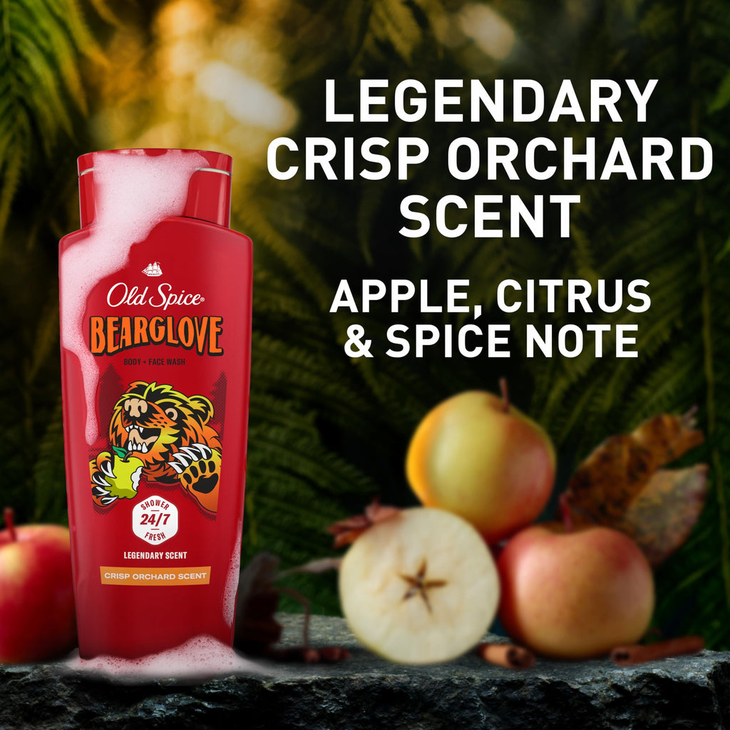 Old Spice Cleansing Body Wash for Men, 3X Defense, 24/7 Shower Fresh with Lasting Scent, 2-in-1 Body & Face Wash, Bearglove with Crisp Orchard Scent, 24 oz (Pack of 4)